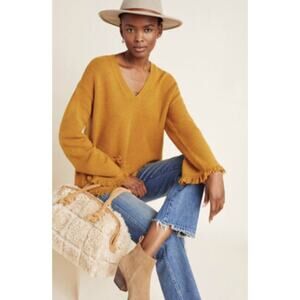 Anthropologie Joy Fringe V Neck Sweater Medium Petite Mustard Yellow Western